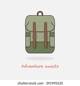 Vector illustration of a backpack isolated on background. Flat template for bag shops, market, camping or tourism center. Inspirational quote.