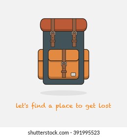 Vector illustration of a backpack isolated on background. Flat template for bag shops, market, camping or tourism center. Inspirational quote.