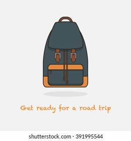 Vector illustration of a backpack isolated on background. Flat template for bag shops, market, camping or tourism center. Inspirational quote.