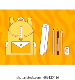vector illustration, backpack, pen, pencil, brush, eraser, line art, orange background with abstract pattern, back to school.