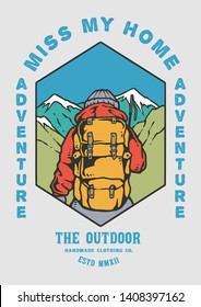 Vector illustration of backpacker adventure trekking with mountain background