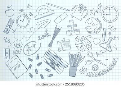 Ilustración vectorial de garabatos de regreso a la escuela en papel de gráfico, con útiles escolares, libros, Elementos de ciencias y herramientas artísticas en un estilo dibujado a mano.