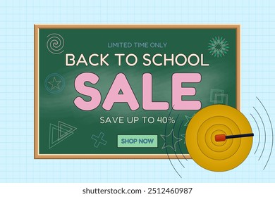 Vector illustration of a back-to-school sale poster with a chalkboard and golden ringing bell. Perfect for promotional designs and marketing materials.