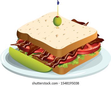 Vector illustration of a bacon, lettuce and tomato sandwich on a plate with a pickle spear