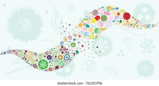 vector illustration of bacteria and pills confronting streams for medical treatment and pharmacy industry against infections concept