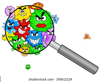 vector illustration of bacteria under a magnifying glass