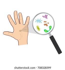 Vector illustration of bacteria and virus cells on human palm under a magnifying glass.