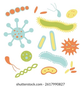 Vector illustration with Bacteria, Viruses, Microbes on isolated background. Hand drawn microorganisms in flat style for poster, sign, card, print, design, logo. Science, medicine, hygiene, biology
