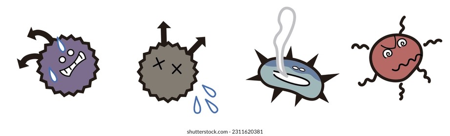Vector illustration of bad bacteria and viruses that weaken and die