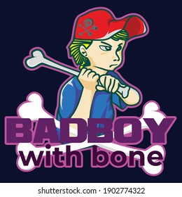 Imagen vectorial de un chico malo que lleva sombrero rojo en los huesos. Incluyendo el nombre del chico malo.