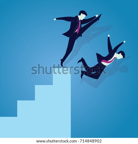 Vector illustration. Bad business competition concept. A businessman kicking to make his rival falling down from the top ladder of success