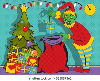 Vector Illustration Of A Bad Elf Stealing Gifts Under The Christmas Tree