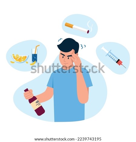 Vector illustration of bad habits. Cartoon scene with a boy who uses a lot of harmful substances like alcohol, cigarettes, drugs and junk food on white background.