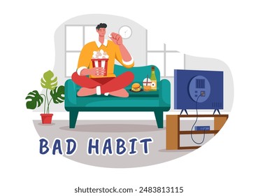 Vector Illustration of Bad Habits Featuring Unhealthy Lifestyles such as Eating Fast Food or Drinking Alcohol in a Flat Cartoon Style Background