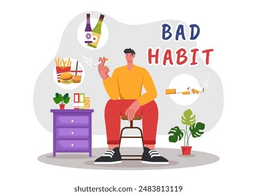 Vector Illustration of Bad Habits Featuring Unhealthy Lifestyles such as Eating Fast Food or Drinking Alcohol in a Flat Cartoon Style Background