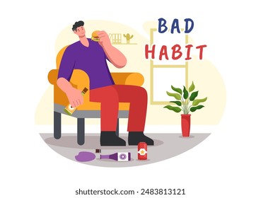 Vector Illustration of Bad Habits Featuring Unhealthy Lifestyles such as Eating Fast Food or Drinking Alcohol in a Flat Cartoon Style Background