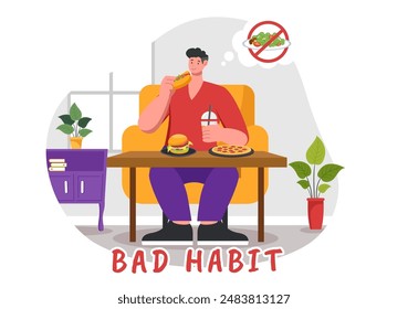 Vector Illustration of Bad Habits Featuring Unhealthy Lifestyles such as Eating Fast Food or Drinking Alcohol in a Flat Cartoon Style Background