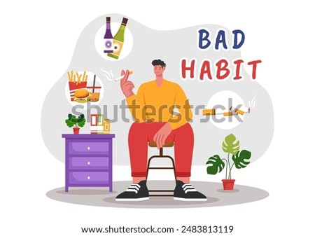 Vector Illustration of Bad Habits Featuring Unhealthy Lifestyles such as Eating Fast Food or Drinking Alcohol in a Flat Cartoon Style Background
