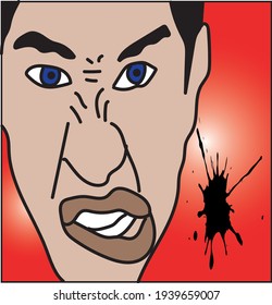 Vector illustration, bad man face on red background.