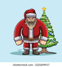 vector illustration of bad santa claus with crismas tree