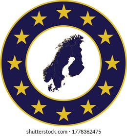 vector illustration of Badge of Blue Map of Scandinavia countries in colors of EU flag