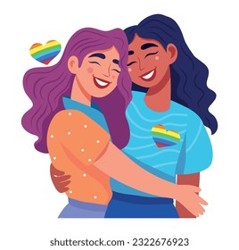 Vector illustration badge icon bright drawing pride month love two girls lgbt lesbian girlfriends friendship hug friend rainbow icon people flat style