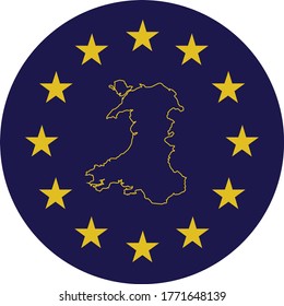 vector illustration of Badge of Outline Map of Wales in colors of EU flag