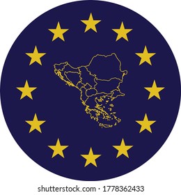 vector illustration of Badge of Outline Map of Balkan peninsula countries in colors of EU flag