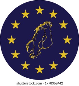 vector illustration of Badge of Outline Map of Scandinavia countries in colors of EU flag