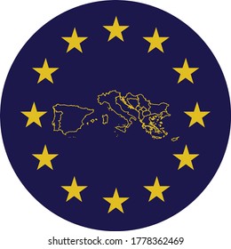 vector illustration of Badge of Outline Map of South Europe countries in colors of EU flag