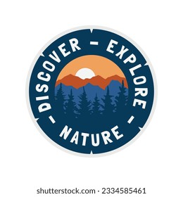 vector illustration badge patch, outdoor explore nature pine forest with mountain for t-shirt design, logo, sticker and other uses