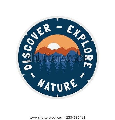 vector illustration badge patch, outdoor explore nature pine forest with mountain for t-shirt design, logo, sticker and other uses