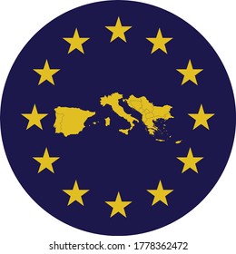 vector illustration of Badge of Yellow Map of South Europe countries in colors of EU flag