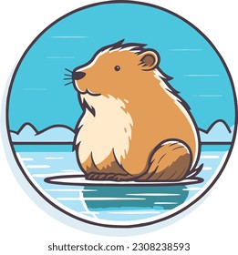 Vector illustration of badger or capibara character floating in the water, in the style of light brown and azure, portraiture iconography