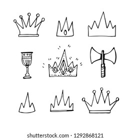 Vector illustration. Badges. Crown, ax, series, cup. Set. Black and white, graphic, contour, isolated, without background. 