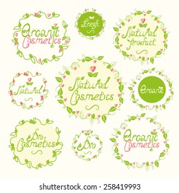Vector illustration. Badges and labels elements set. Floral elements. Handwritten text.