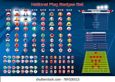 Vector illustration badges Set of National Flag with Scoreboard Broadcast and Lower Thirds Template for Sport, Soccer and Football tournament