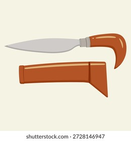 Vector illustration of Badik traditional dagger from South Sulawesi Indonesia. Bugis Makassar cultural weapon with wooden handle and sheath isolated on plain background