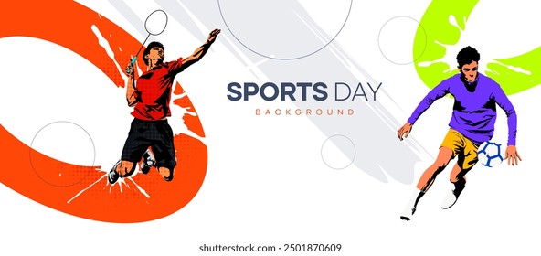 Ilustración vectorial de un atleta de bádminton y un futbolista con acción de salto y dribble. diseño de estilo de silueta de color, grunge. concepto de diseño de celebración del Día Nacional del Deporte de bádminton.