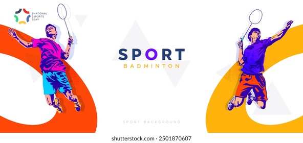 vector illustration of a badminton athlete with a jumping smash action. colored silhouette style design, grunge. badminton national sports day celebration design concept. national sports day