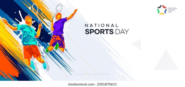 Ilustración vectorial de un atleta de bádminton con una acción de choque de salto. Diseño de estilo de silueta de color, grunge. Concepto de diseño de celebración del Día Nacional del Deporte de bádminton. Día Nacional del Deporte