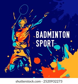 ilustração vetorial de um atleta de badminton com uma ação de salto esmagador. design estilo silhueta colorida, grunge. badminton nacional esporte dia de celebração conceito de design. Não é IA