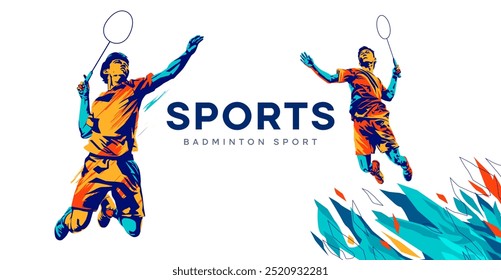 Vektorgrafik eines Badminton-Athleten mit einer Springen-Smash-Aktion. farbige Silhouette Stil Design, Grunge. badminton nationalen sporttag feier design konzept. Nationaler Sporttag. Keine AI