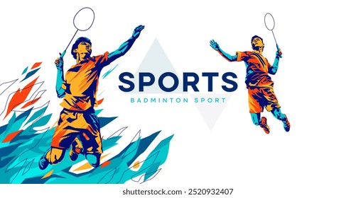 Vektorgrafik eines Badminton-Athleten mit einer Springen-Smash-Aktion. farbige Silhouette Stil Design, Grunge. badminton nationalen sporttag feier design konzept. Nationaler Sporttag. Keine AI