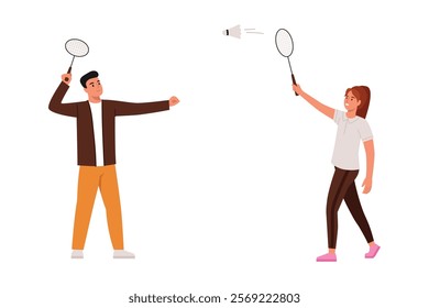 Vector illustration of a badminton game. Cartoon scene of badminton sport game isolated on white background. Boy and girl playing with rackets and shuttlecock. Active leisure. Physical activity.