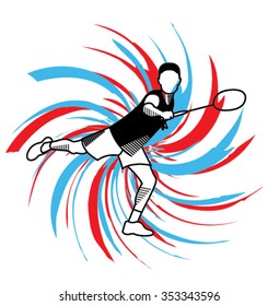 Vector illustration of Badminton player. Black and white badminton player playing hit shot. Logo