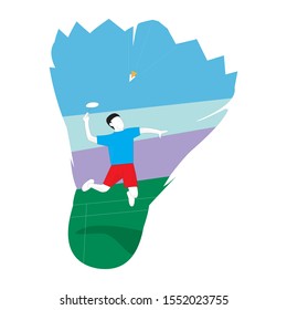 Vector illustration of Badminton player. Badminton player during shot. Logo
