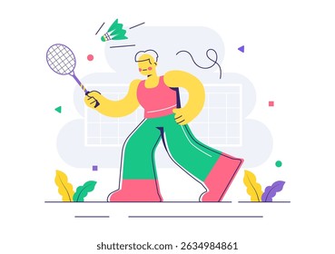 Ilustração vetorial de um jogador de badminton com um Shuttlecock e raquete na quadra, competindo no esporte como um fundo de atividade de lazer