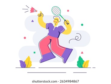 Ilustração vetorial de um jogador de badminton com um Shuttlecock e raquete na quadra, competindo no esporte como um fundo de atividade de lazer