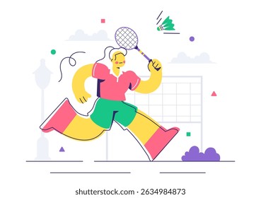 Vector Illustration of a Badminton Player Featuring a Shuttlecock and Racket on the Court, Competing in the Sport as a Leisure Activity Background